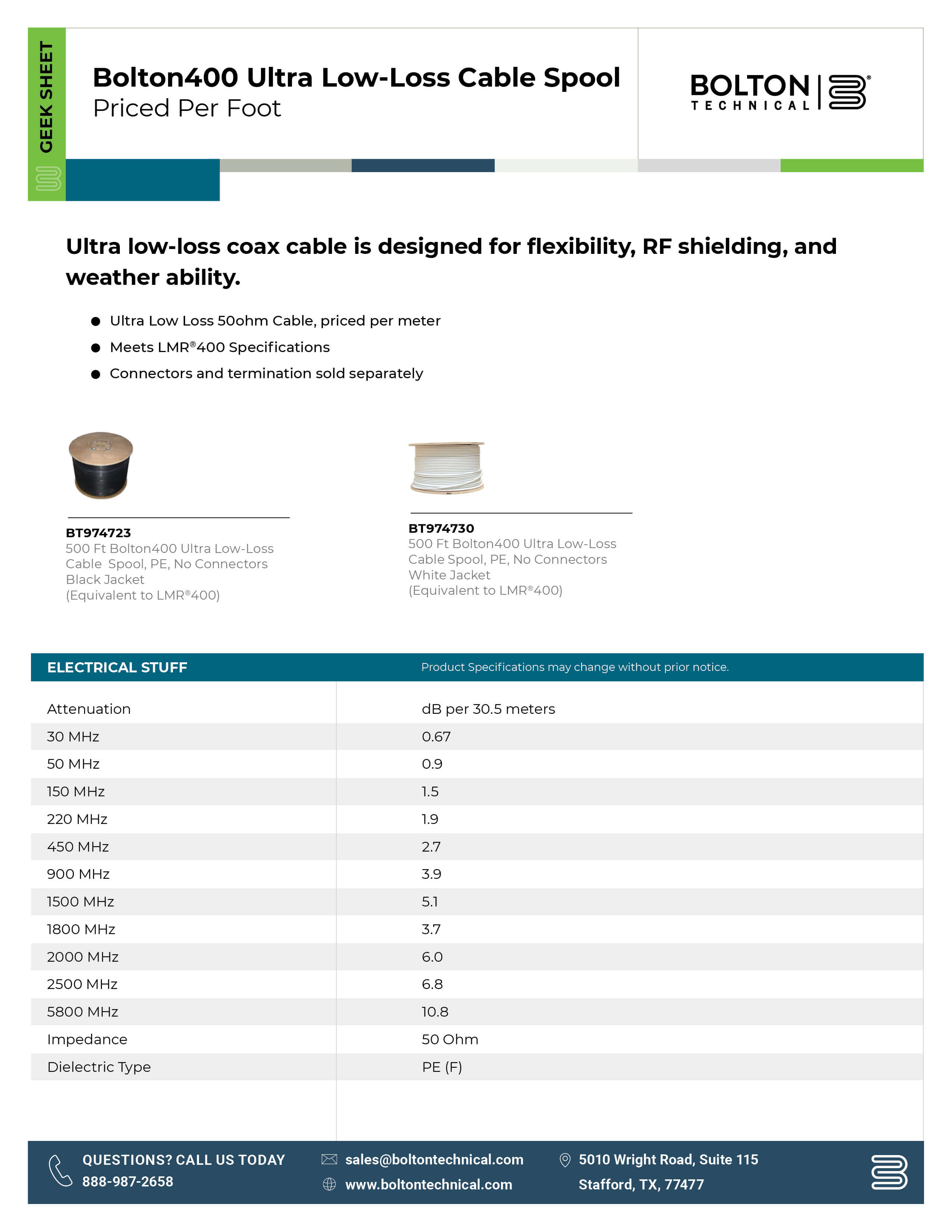 bolton 400 coaxial cable specifications sheet
