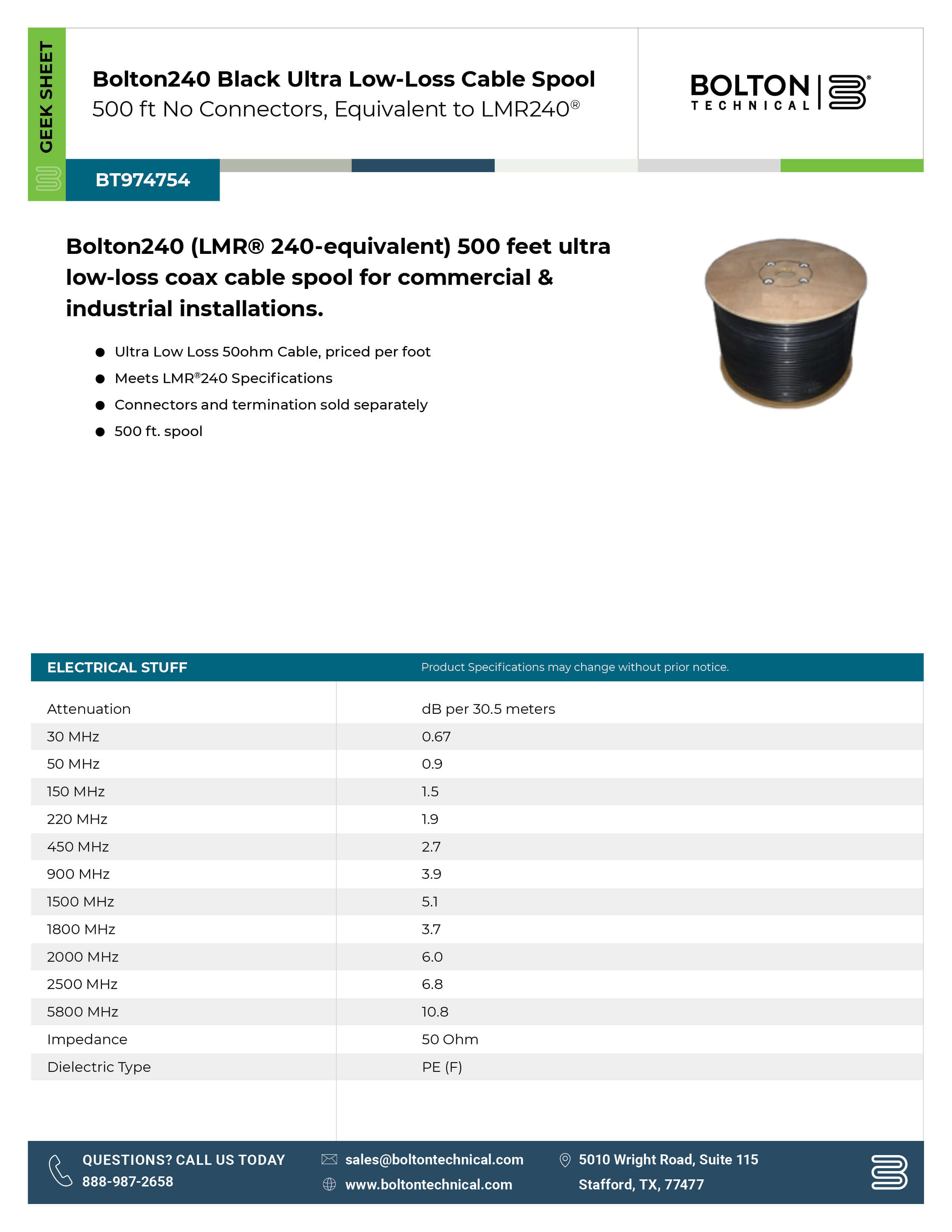 bolton 240 coaxial cable spool specifications