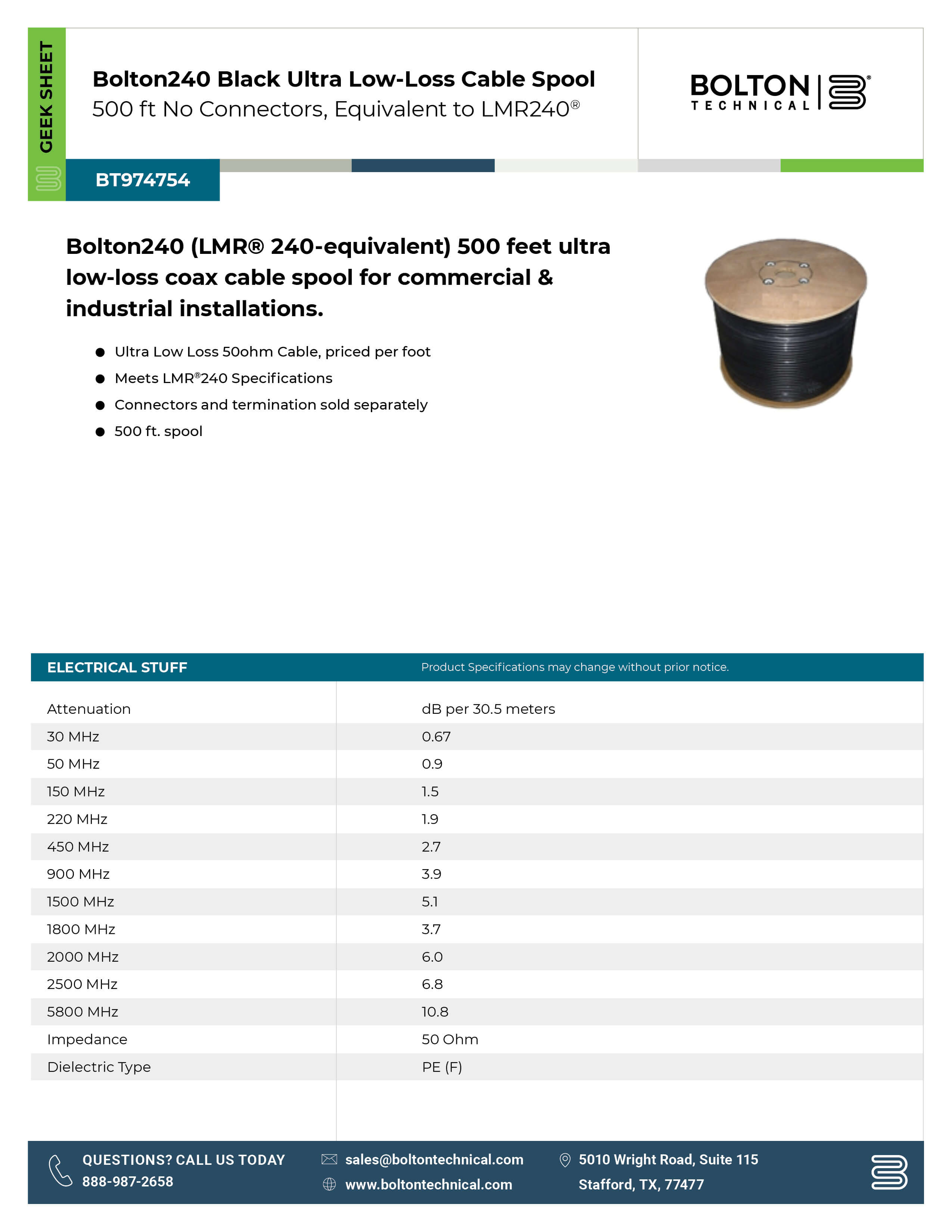 bolton 240 coaxial cable specifications